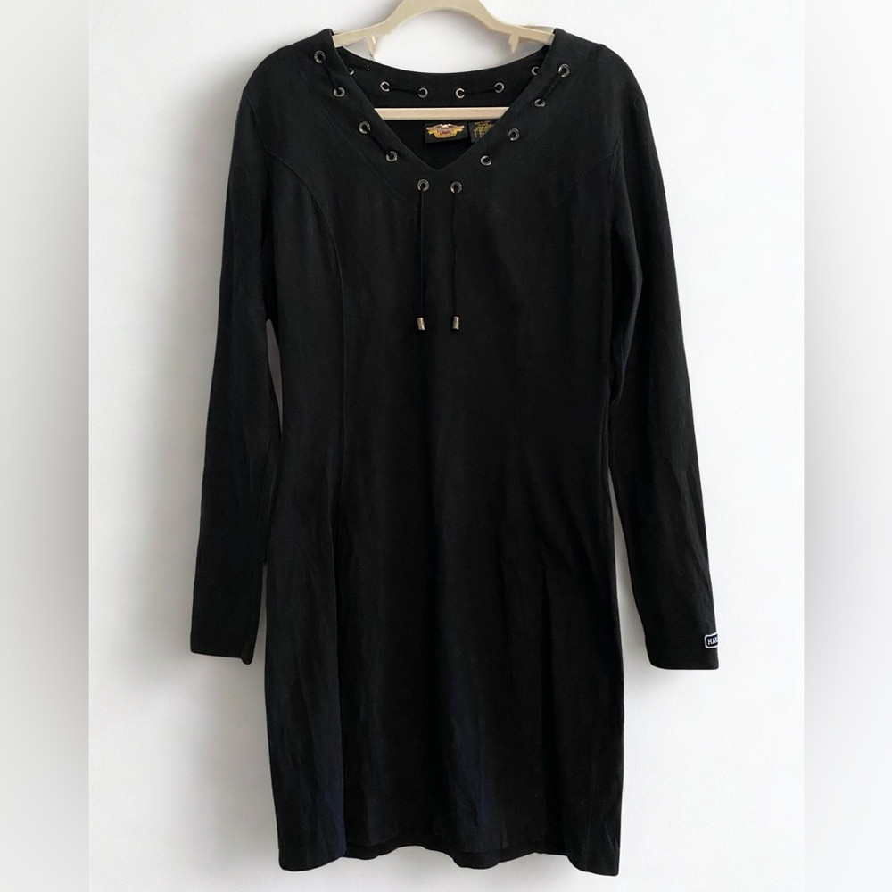 Harley-Davidson Long Sleeve Mini Thigh Slit Tie Grommet V Neck Dress Black